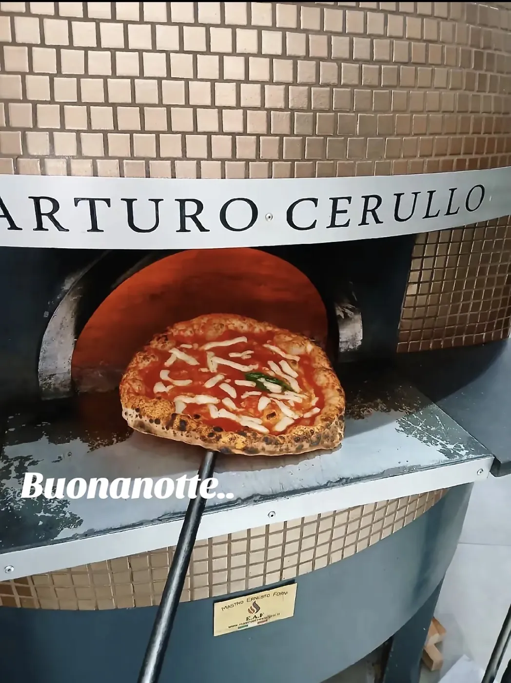 Forno a legna con l'insegna Arturo Cerullo e una margherita appena sfornata