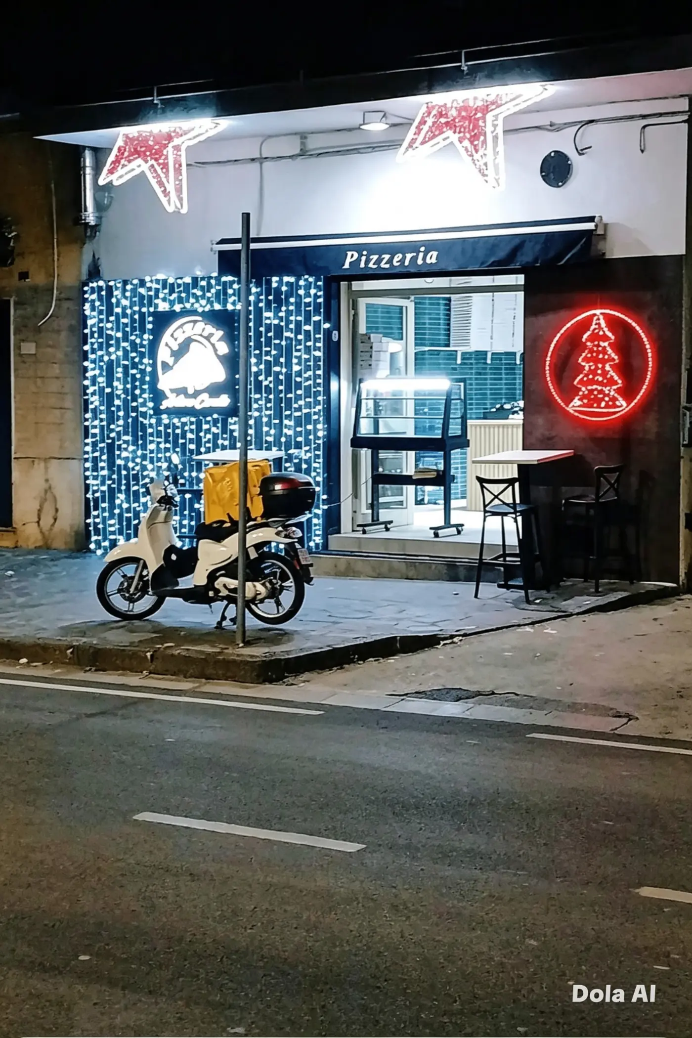 Esterno della pizzeria illuminato di sera con luminarie natalizie