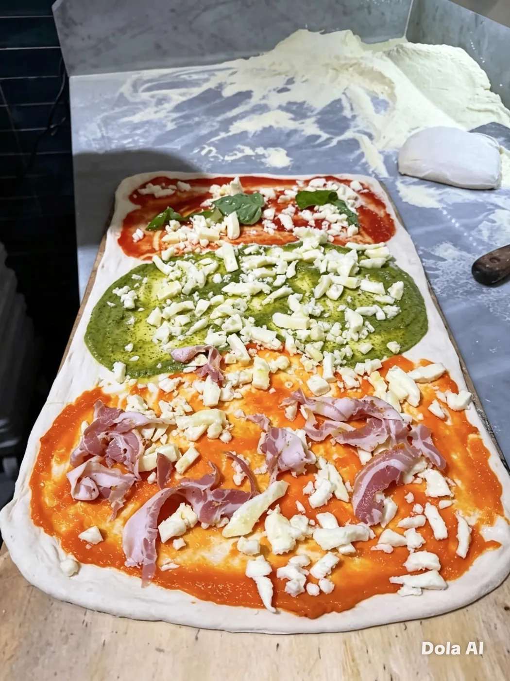 Pizza tricolore con pomodoro, pesto e prosciutto pronta da infornare